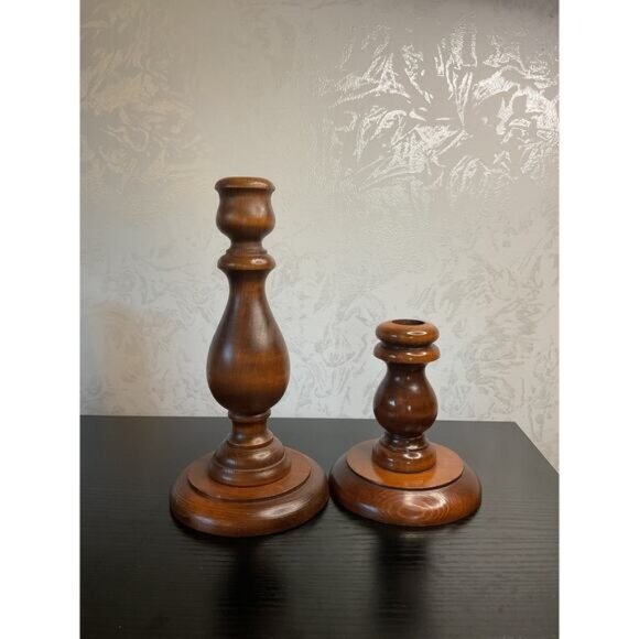 Vintage Wooden Candle Holders Set Of 2 Decorative Home Decor Rustic Style - Picture 1 of 2